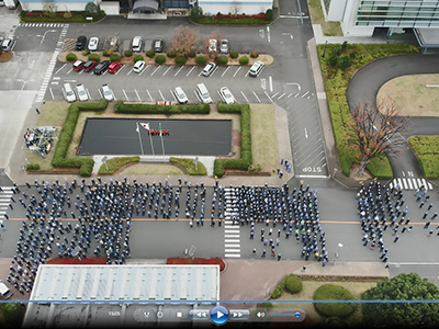 Evacuation drill with maintained social distance (aerial footage captured by a drone).