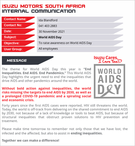 Email to employees informing them that a commemorative ceremony will be held on World AIDS Day