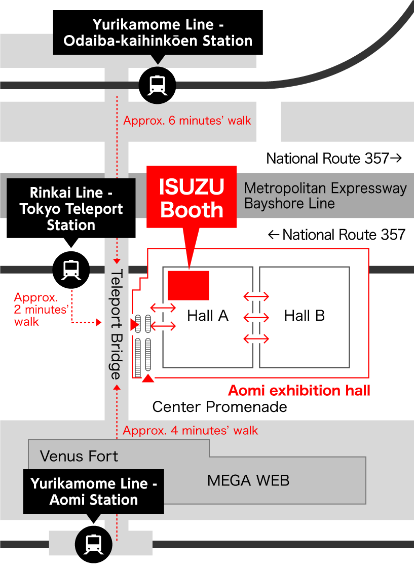 Approx 2 minute walk from Tokyo Teleport Station. Approx 4 minute walk from Aomi Station. Approx 6 minute walk from Odaiba-kaihinkoen Station.