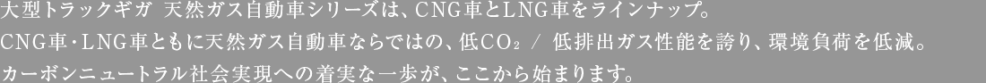 大型トラックギガ 天然ガス自動車シリーズは、CNG車とLNG車をラインナップ。CNG車・LNG車ともに天然ガス自動車ならではの、低CO₂ / 低排出ガス性能を誇り、環境負荷を低減。カーボンニュートラル社会実現への着実な一歩が、ここから始まります。