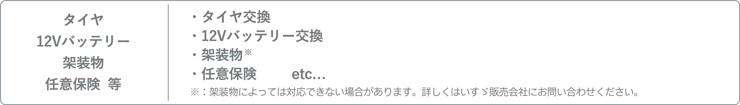 タイヤ、12Vバッテリー、架装物、任意保険  等