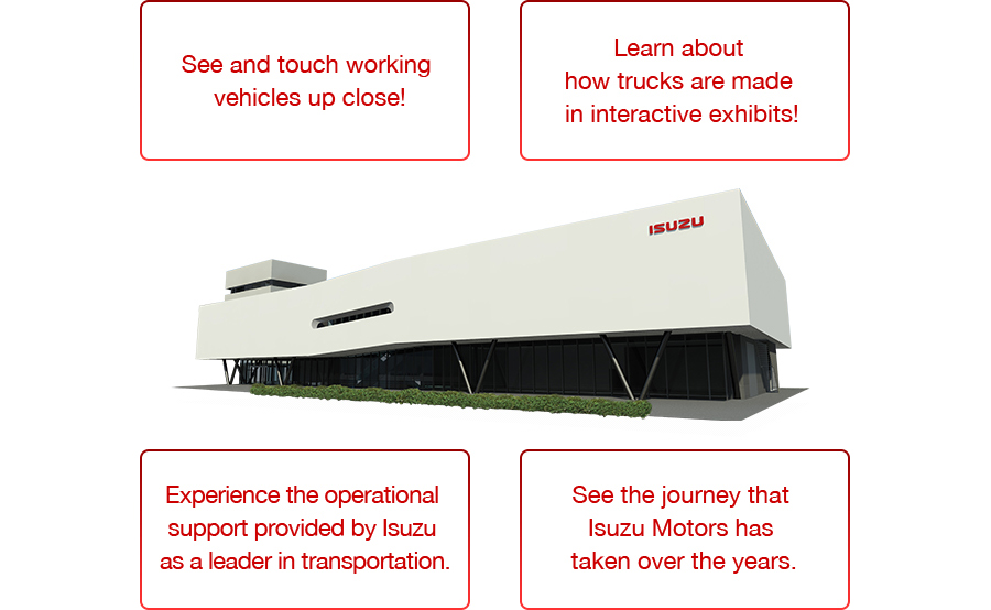See and touch working vehicles up close! Learn about how trucks are made in interactive exhibits! Experience the operational support provided by Isuzu as a leader in transportation. See the journey that Isuzu Motors has taken over the years.