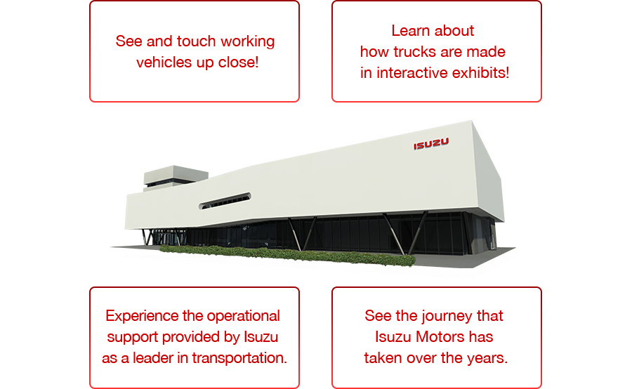 See and touch working vehicles up close! Learn about how trucks are made in interactive exhibits! Experience the operational support provided by ISUZU as a leader in transportation. See the journey that ISUZU Motors has taken over the years.