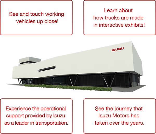 See and touch working vehicles up close! Learn about how trucks are made in interactive exhibits! Experience the operational support provided by Isuzu as a leader in transportation. See the journey that Isuzu Motors has taken over the years.