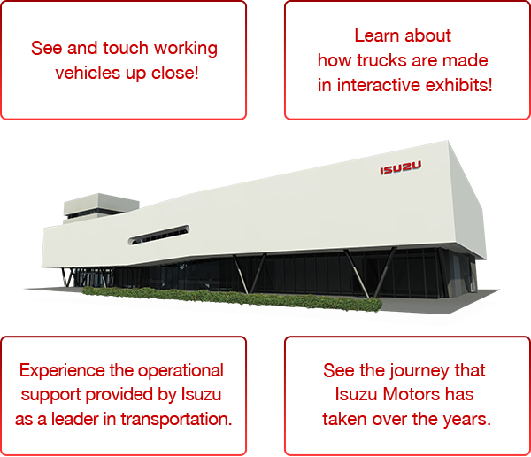 See and touch working vehicles up close! Learn about how trucks are made in interactive exhibits! Experience the operational support provided by ISUZU as a leader in transportation. See the journey that ISUZU Motors has taken over the years.